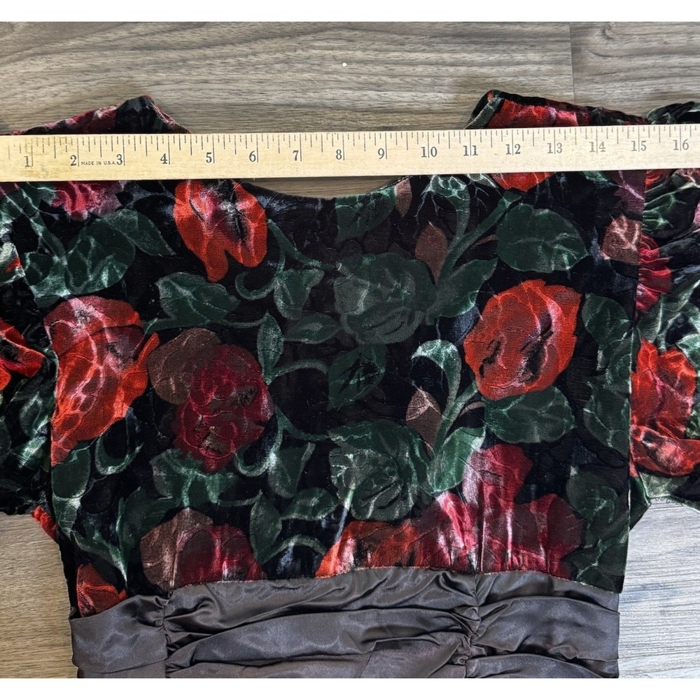 Vintage 1980s Party Dress M Black Red Velvet Floral Glam USA Puff Sleeve Bow - Picture 10 of 16
